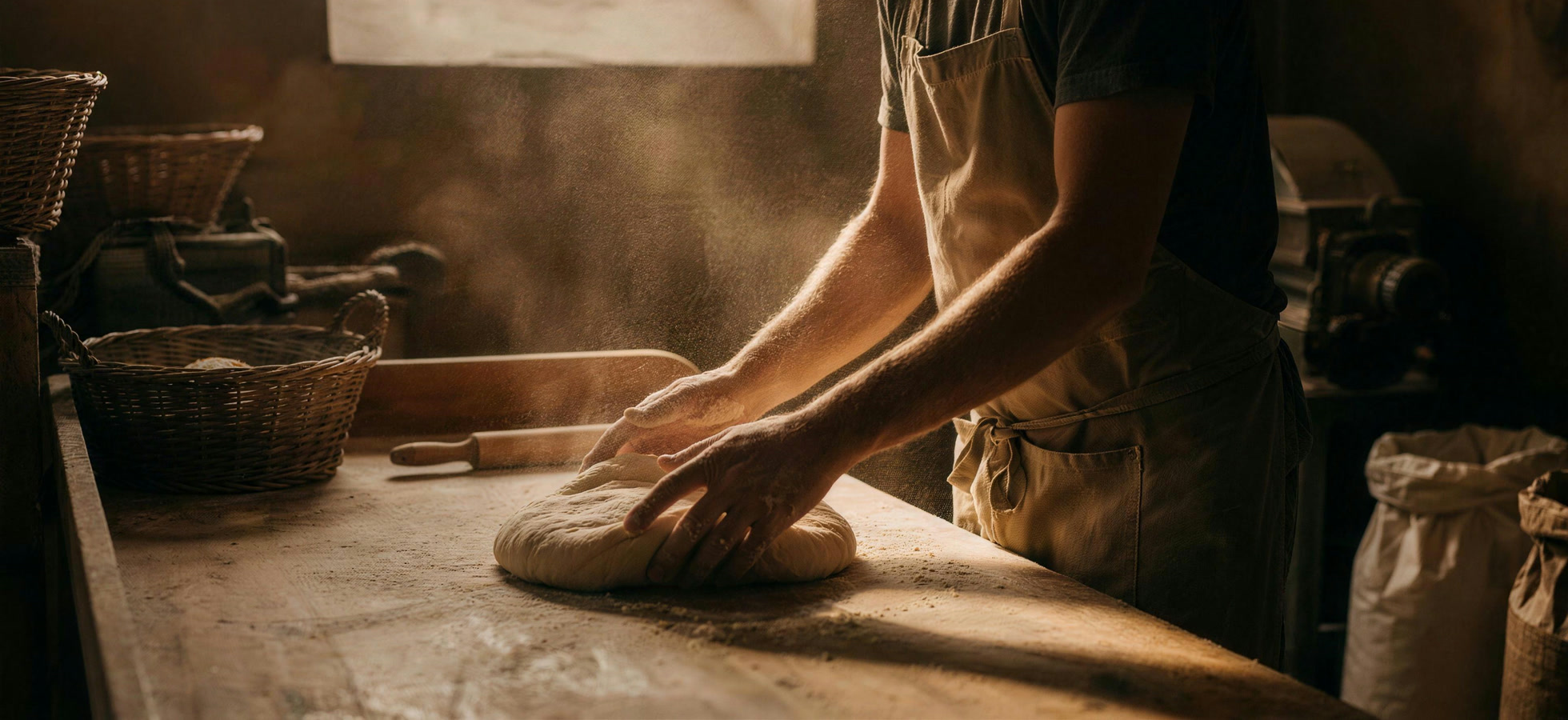 Flour dust hanging in the first light while the day's dough is shaped