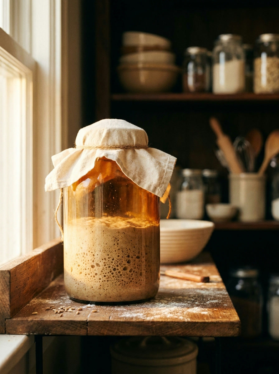 The starter in its glass jar, bubbling by the window