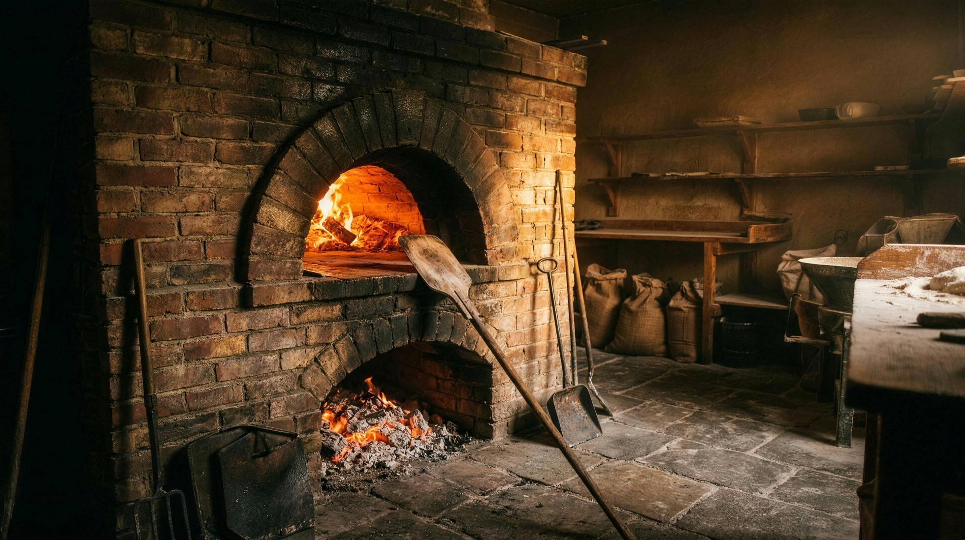 The brick oven Terese rebuilt, fire lit, peel resting against the arch