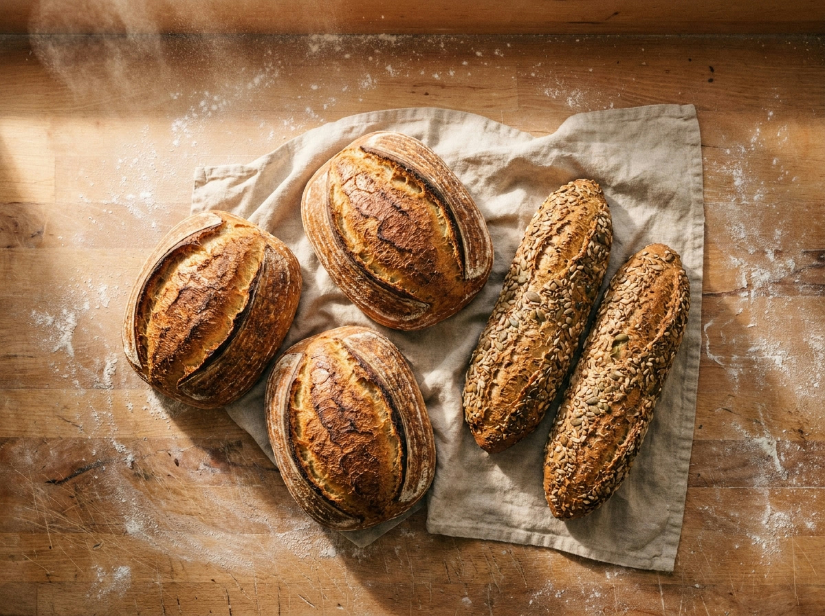 Country levain boules on flour dusted linen