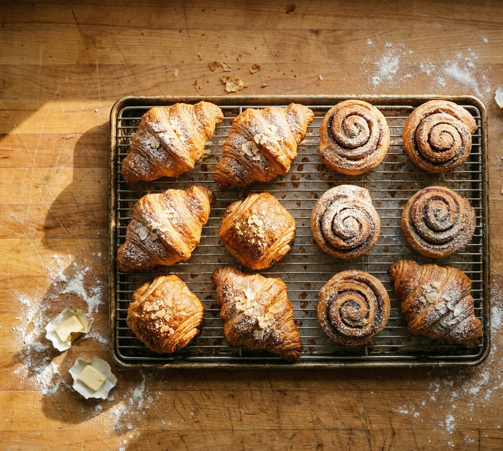 Butter croissants cooling on the wire rack