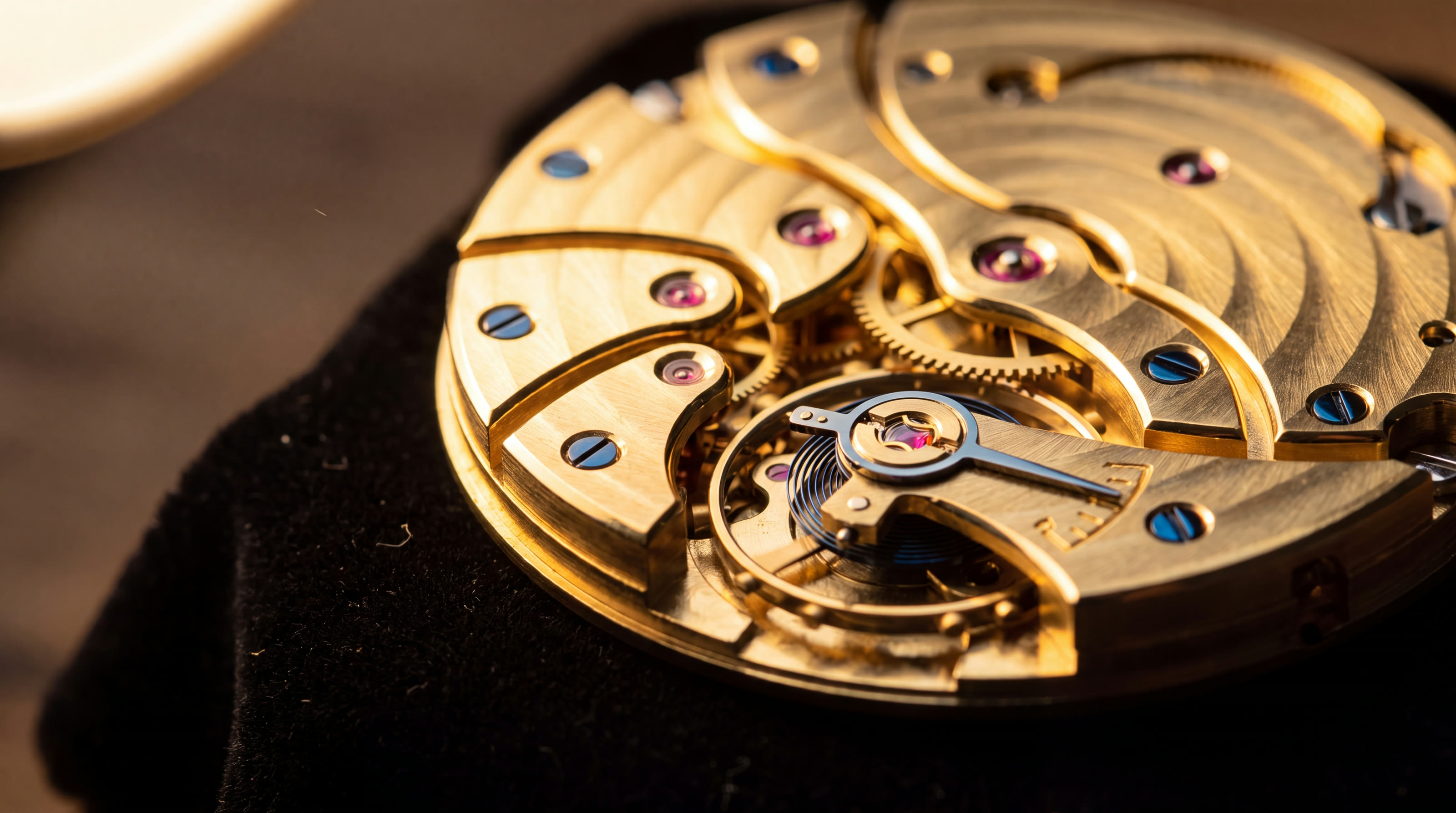Macro photograph of the Caliber M-19 movement: Geneva striped gold bridges with polished bevels, heat blued screws, ruby jewels, and the balance assembly with its blued hairspring under a single bench light