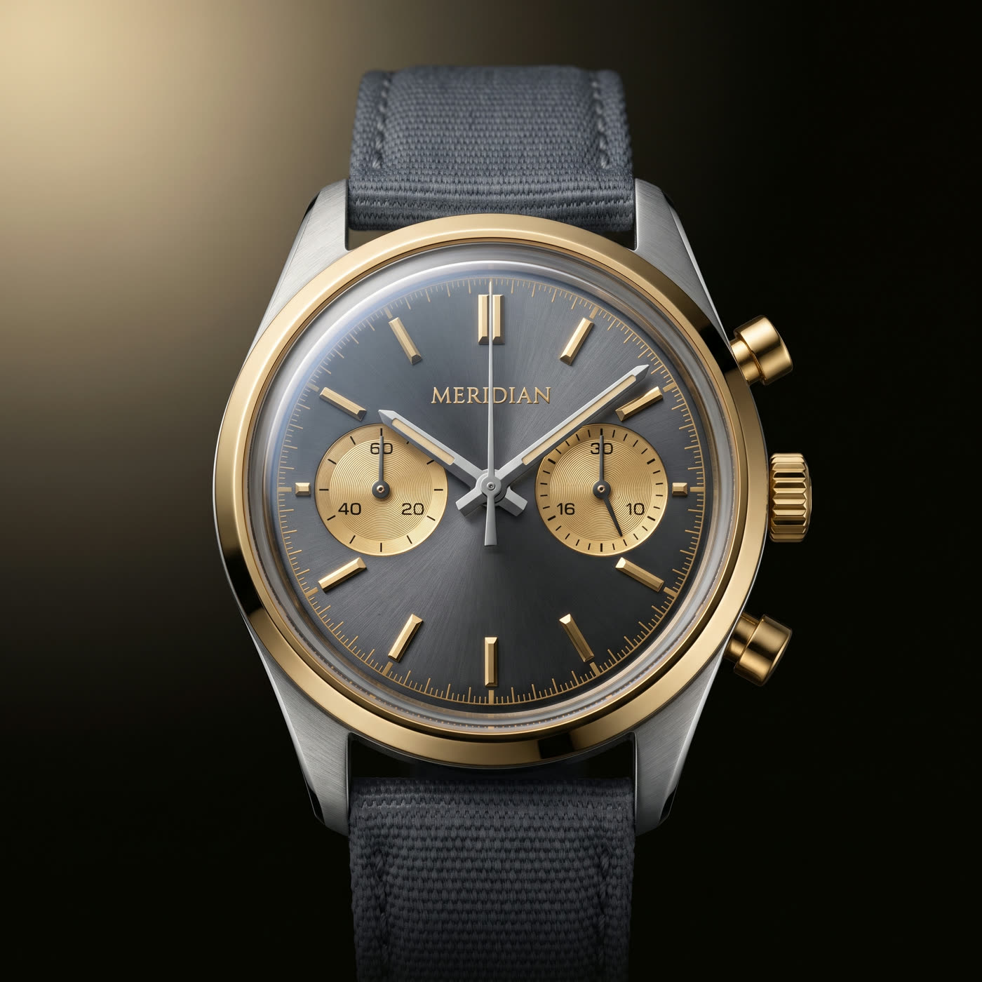 The Regatta Chronograph: a 41 millimeter two tone chronograph with a slate sunburst dial, twin gold registers, and a grey fabric strap