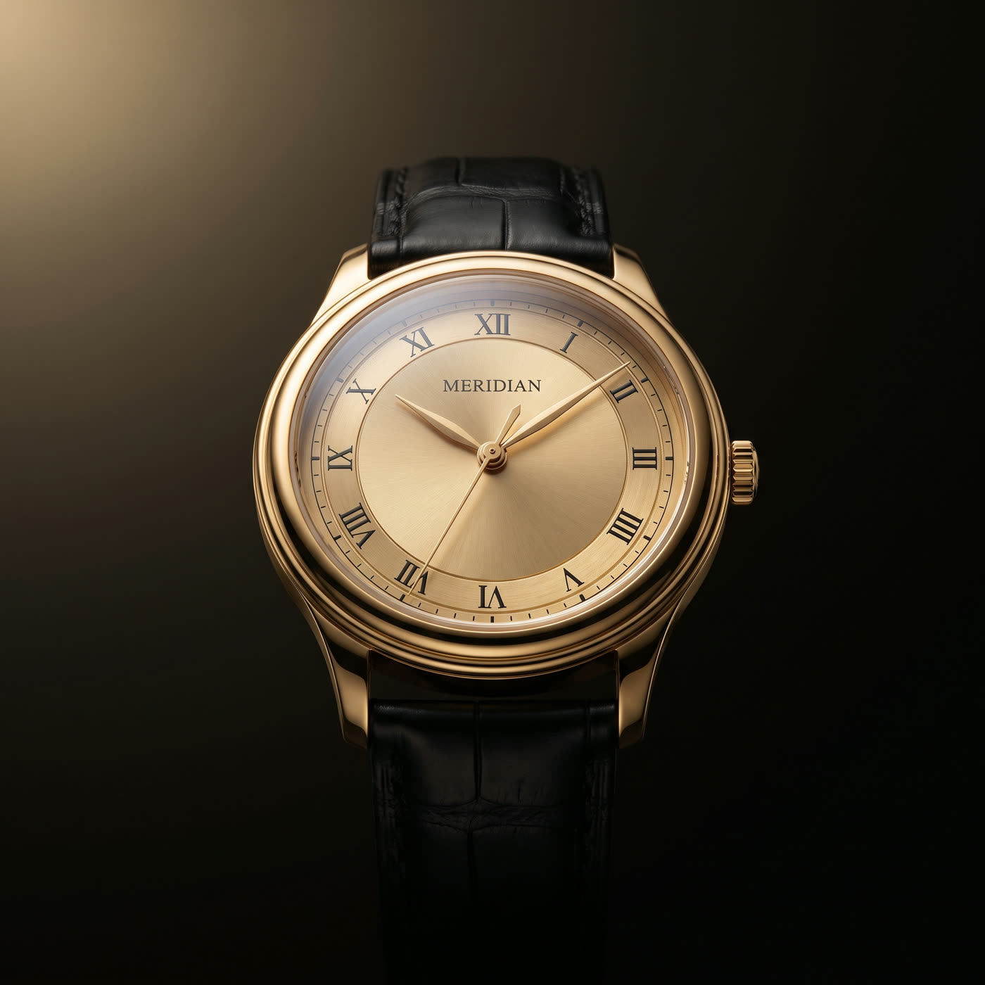 The Sovereign: a 38 millimeter 18 karat gold dress watch with a champagne dial, roman numerals, and black alligator strap, lit from the upper left