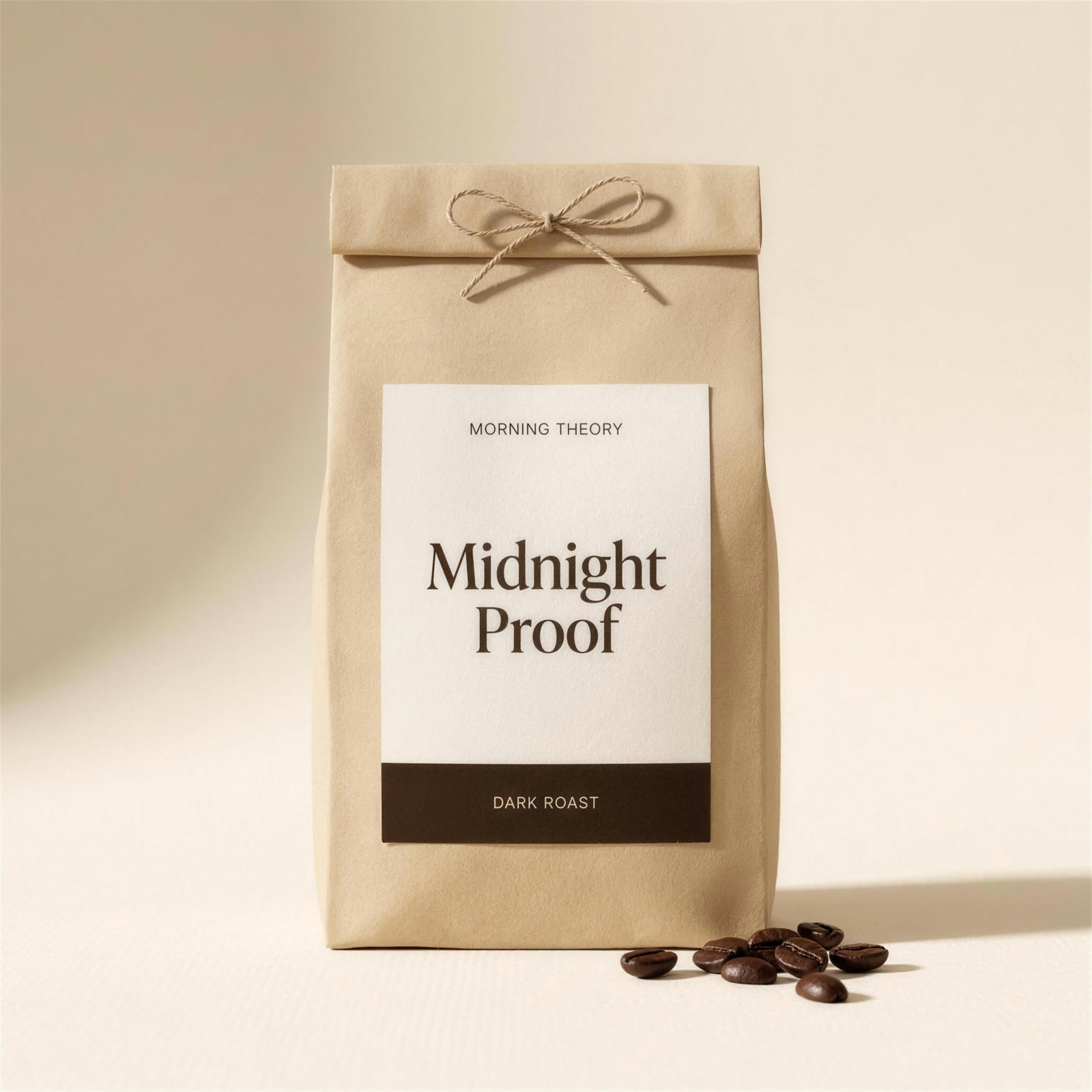 Midnight Proof kraft bag with an espresso dark roast label, glossy dark beans piled at its base