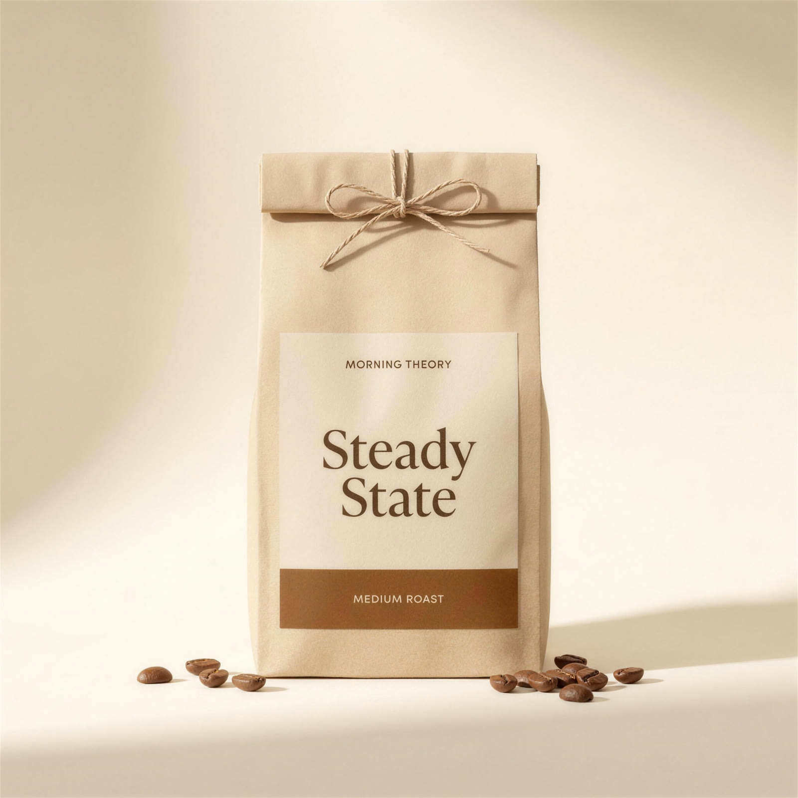 Steady State kraft bag with an umber medium roast label, whole beans resting at its base