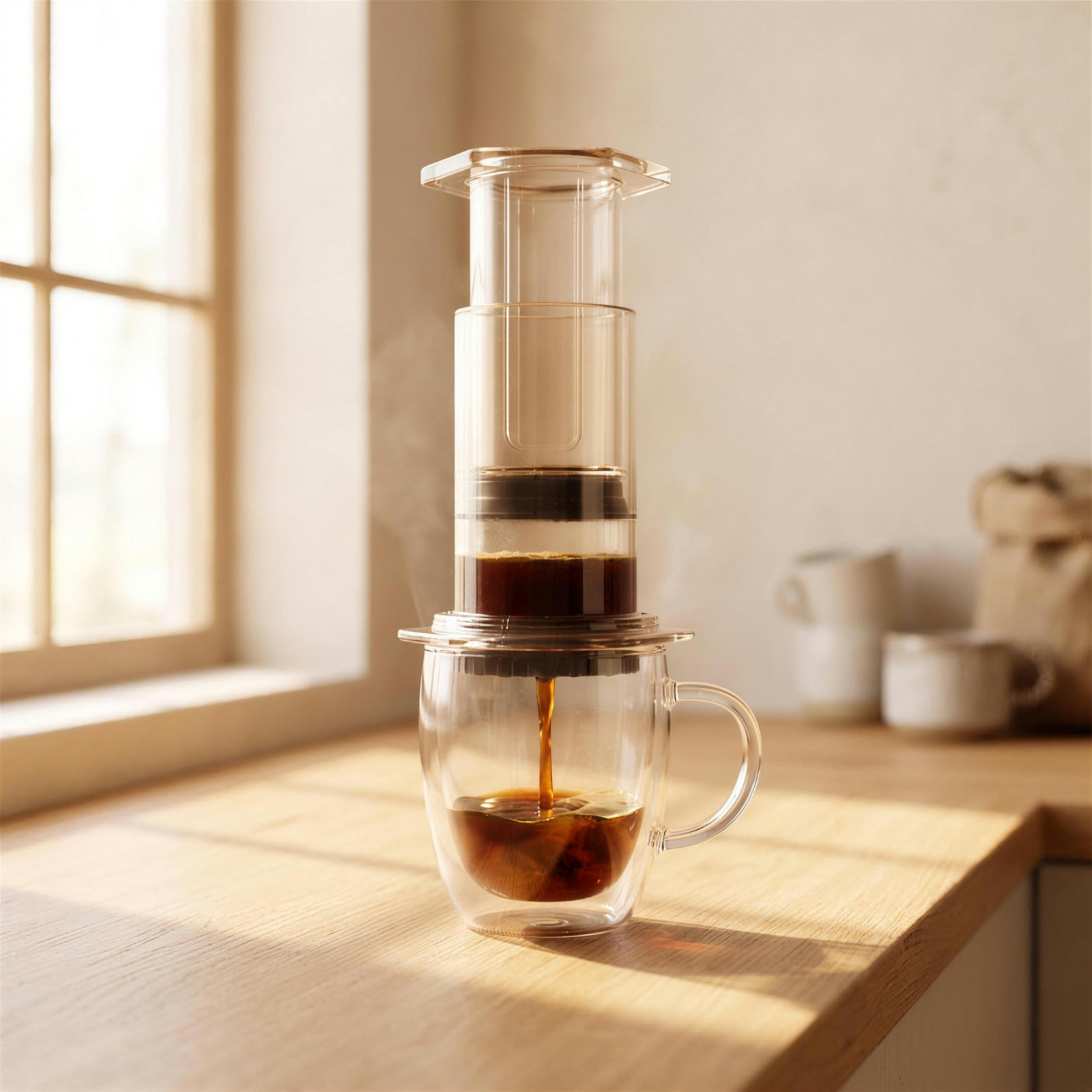 AeroPress standing on a glass mug mid press, dark coffee streaming into the glass
