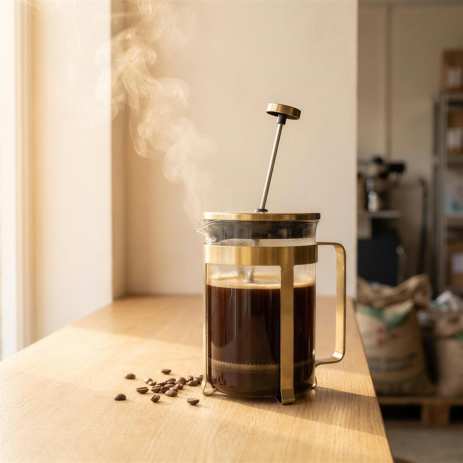 Glass and brass french press steeping dark coffee, steam rising in morning light