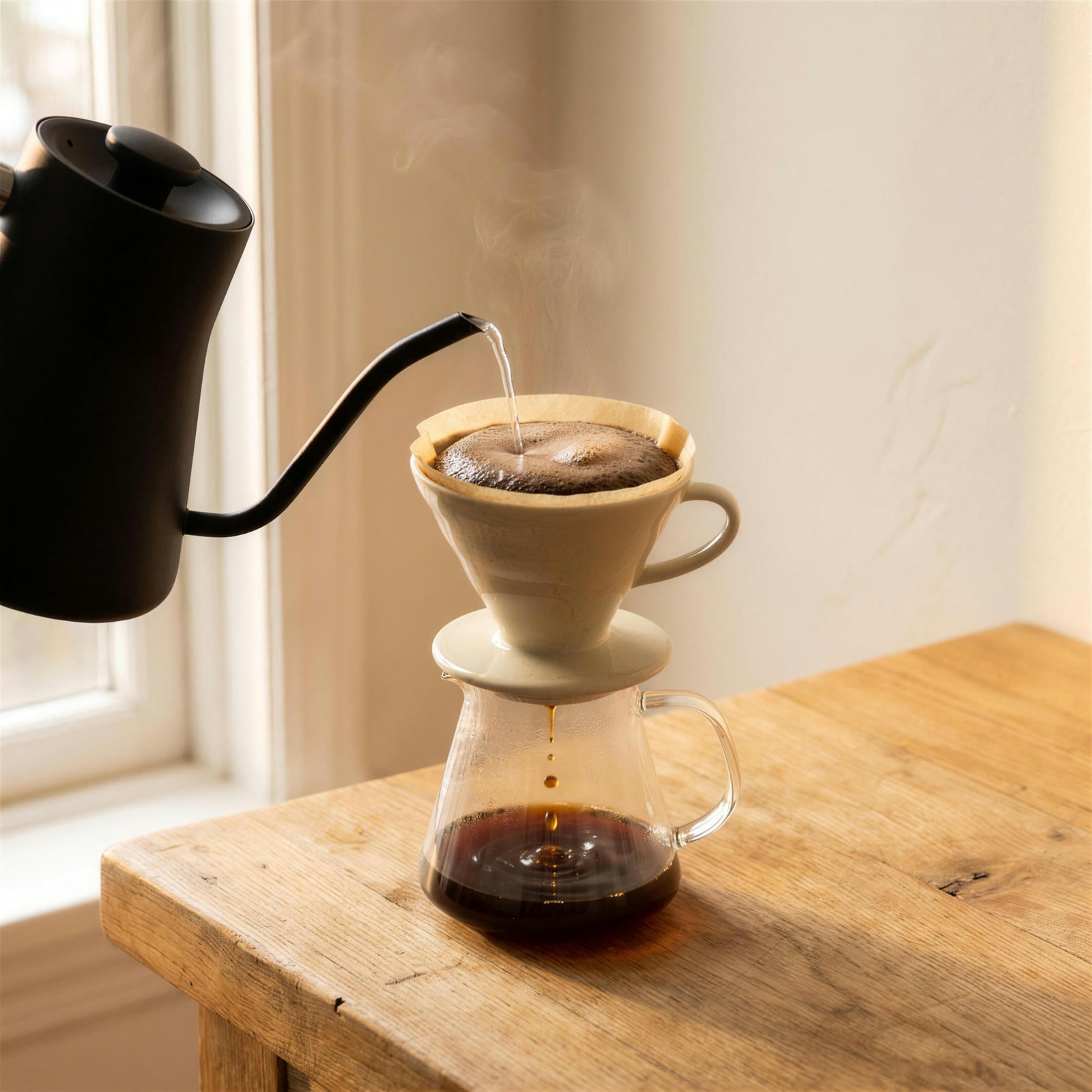 Gooseneck kettle pouring a slow spiral over blooming grounds in a cream ceramic dripper