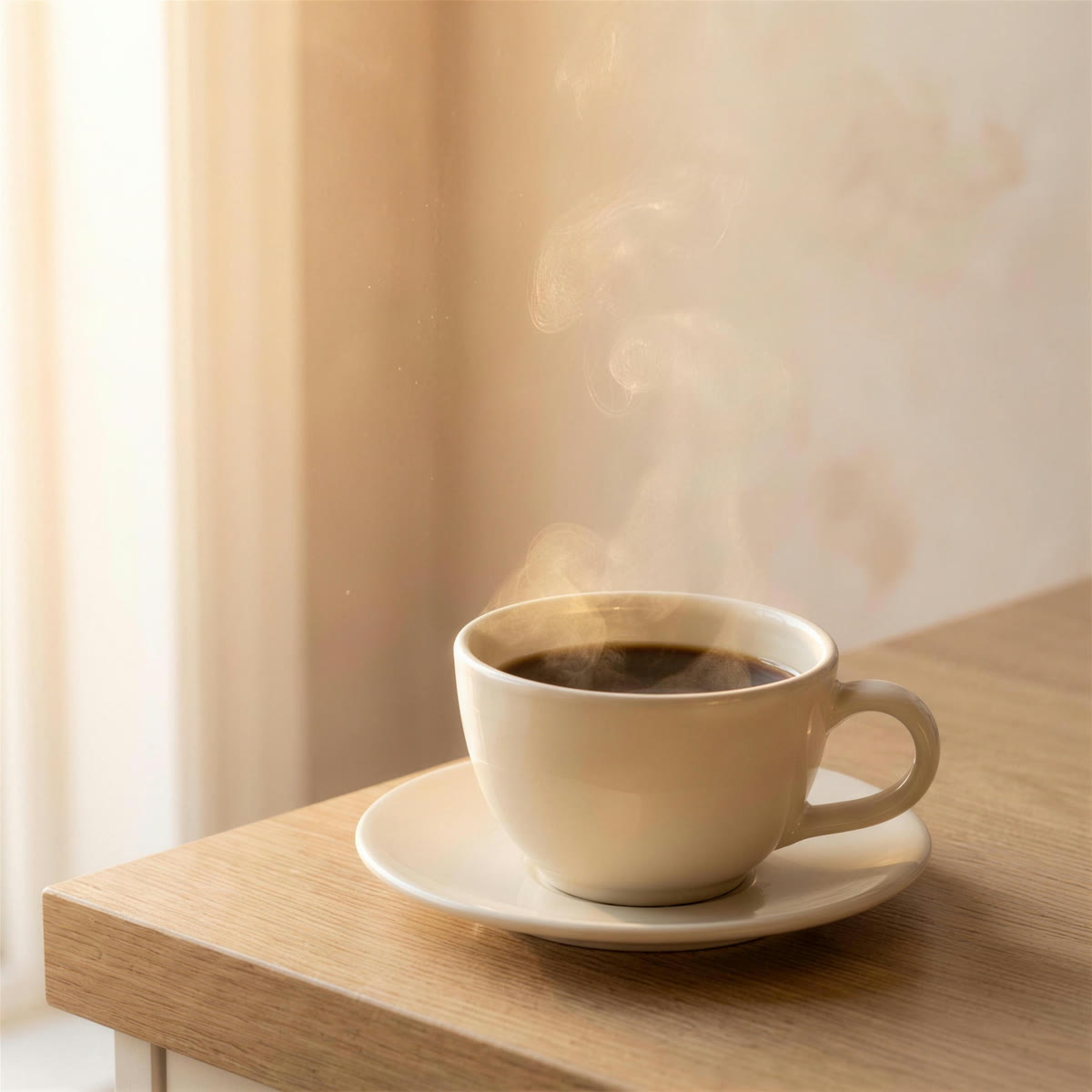 A steaming cup of black coffee on a saucer at the tasting counter, morning light through the window