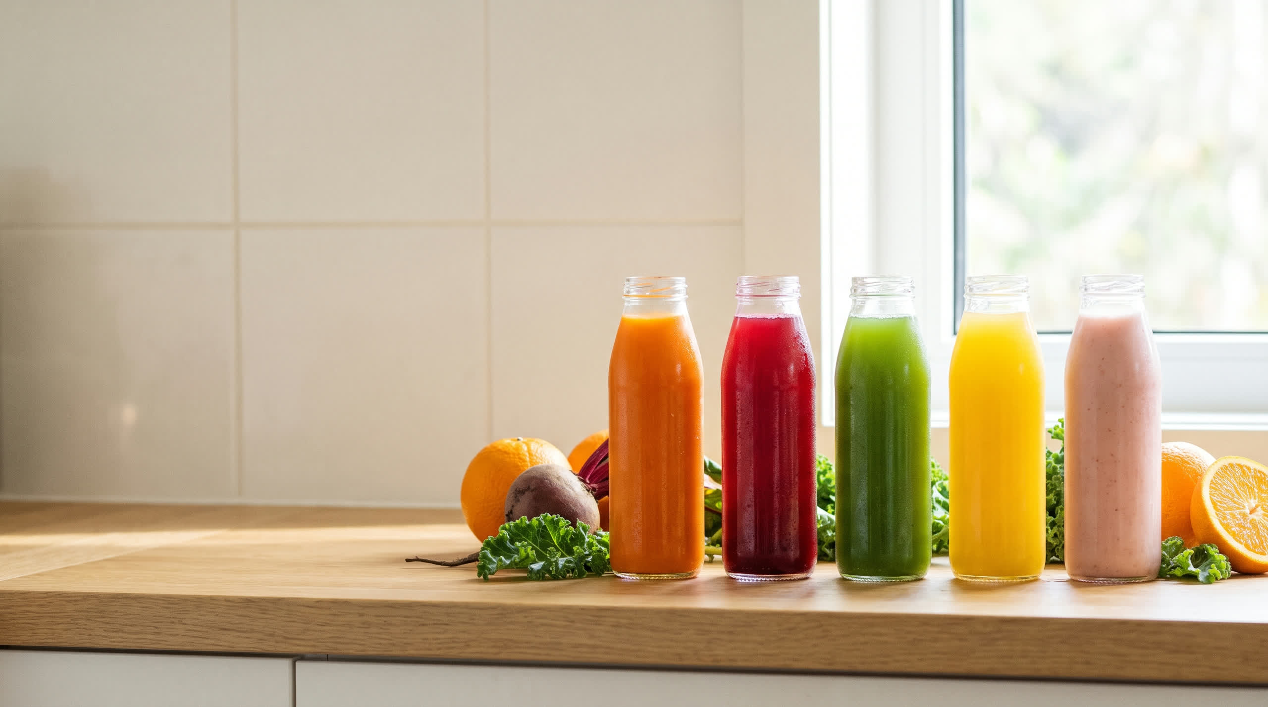 Five bottles of cold-pressed juice (carrot, beet, green, citrus, and strawberry) lined up on an oak counter by a sunny window