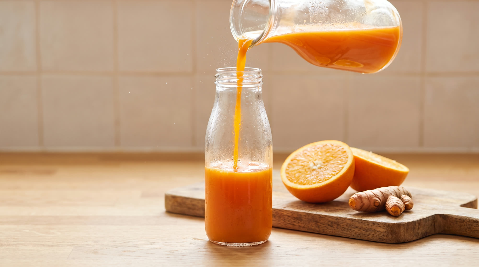 Bright orange carrot-turmeric juice being poured from a carafe into a glass bottle, with a fresh orange and turmeric root alongside