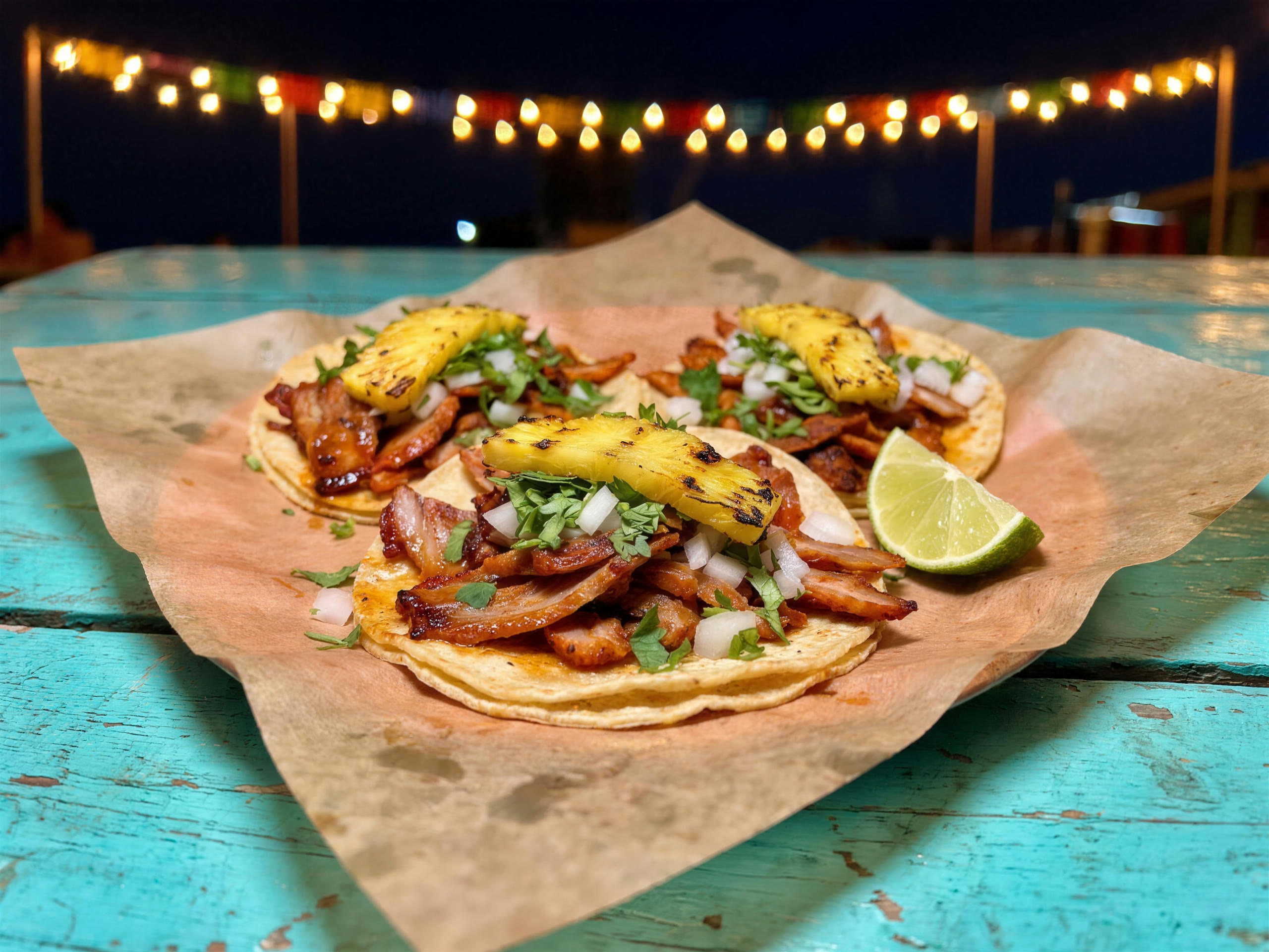 Al pastor tacos with charred pineapple, onion and cilantro on a turquoise table under night market lights