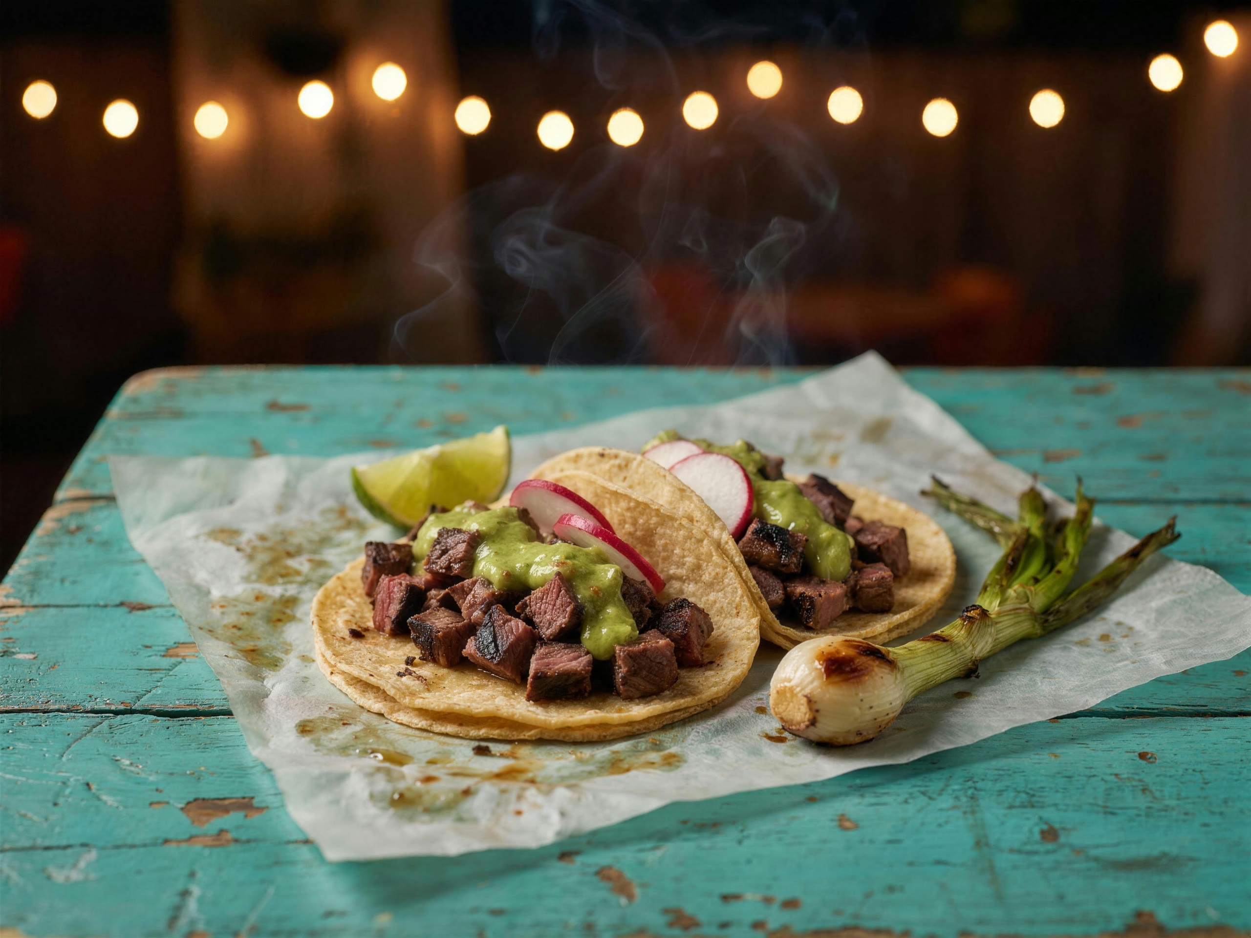 Carne asada tacos with salsa verde and grilled onions on a turquoise table, night market lights behind