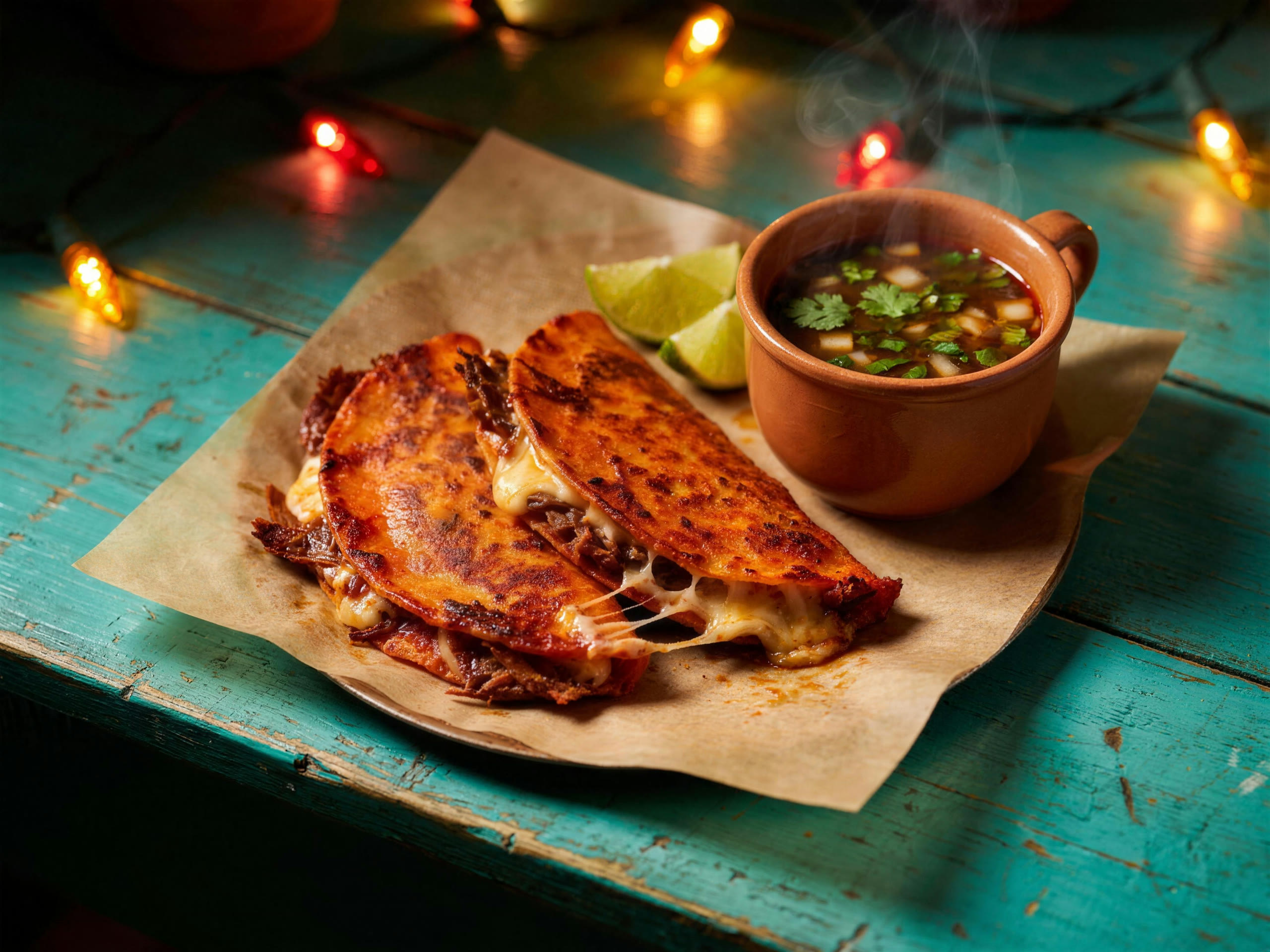 Two crisp quesabirria tacos with melted cheese pull and a clay cup of consome, lime wedges on butcher paper