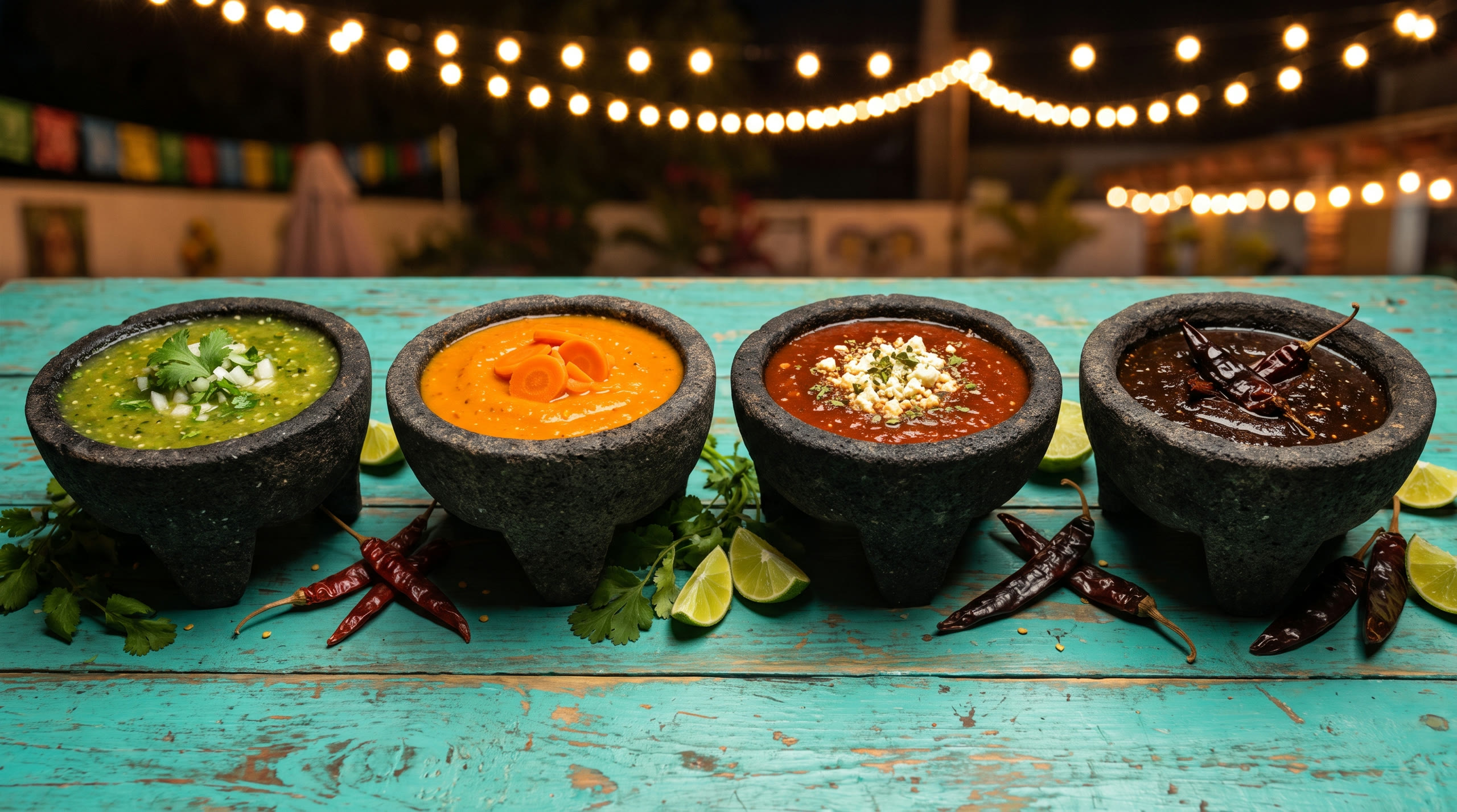Four stone molcajete bowls lined up mild to fiery on a turquoise table: green tomatillo, orange habanero, red arbol, and dark morita salsa, string lights above