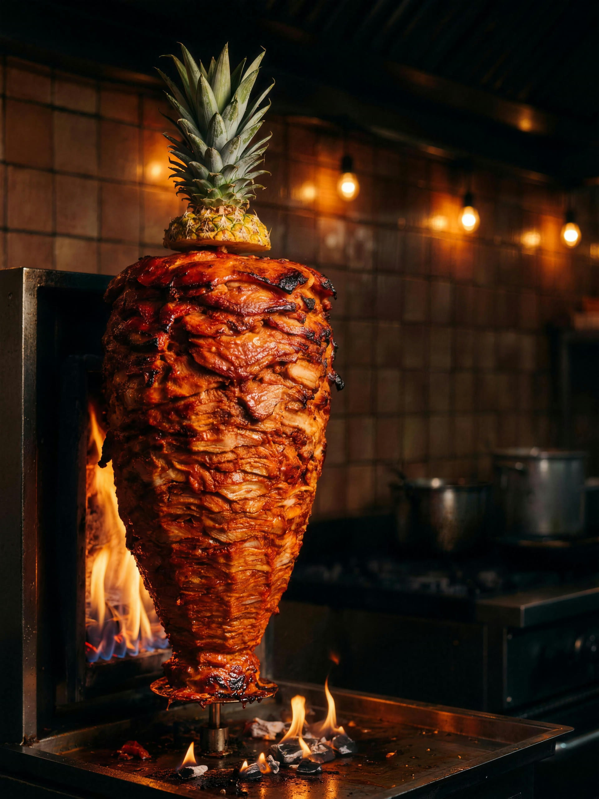 A vertical al pastor trompo crowned with pineapple, turning over open flame in a dark tiled kitchen