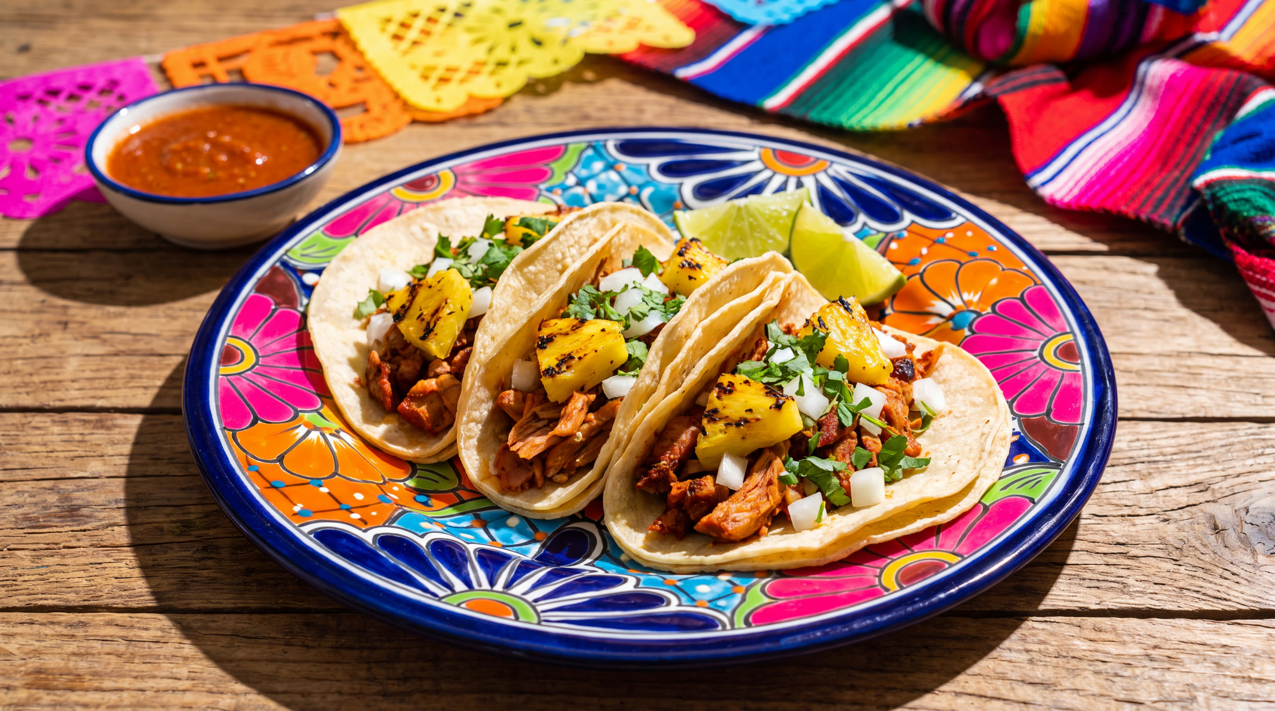 Three al pastor tacos with charred pineapple on a hand painted talavera plate, papel picado and a striped serape on the table